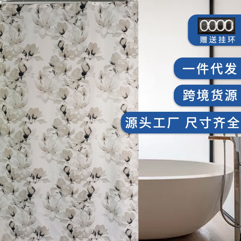 家用浴室窗帘门帘简约水墨花涤纶浴帘加厚卫生间隔断帘子淋浴帘