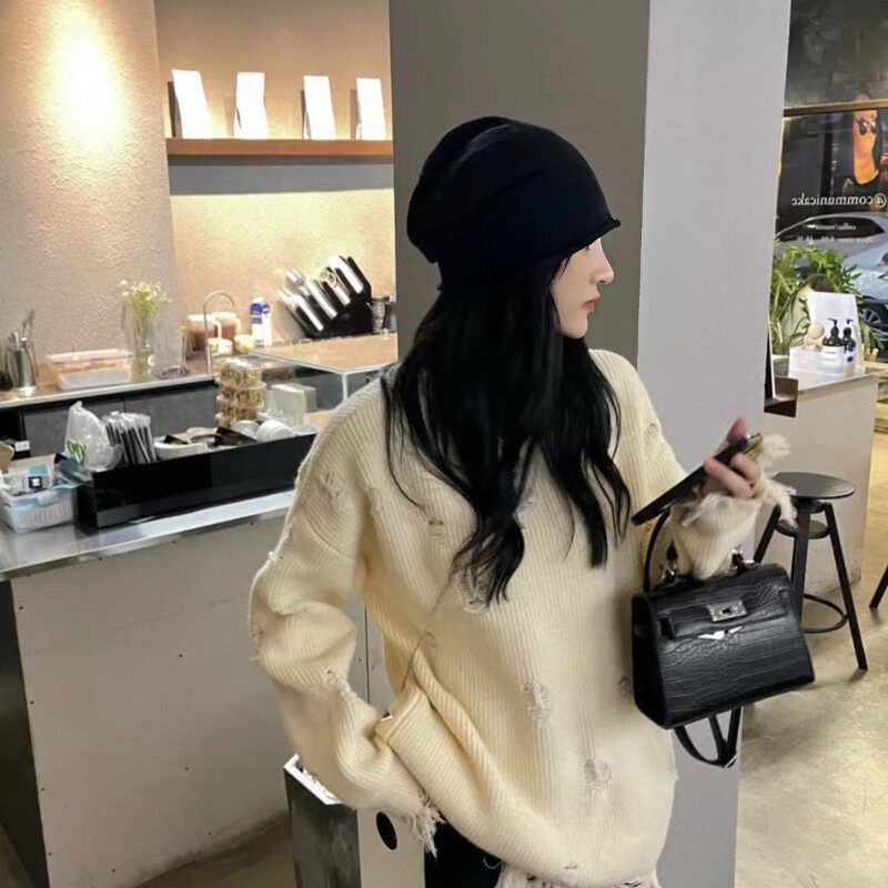 加厚保暖网红针h织毛线堆堆帽女秋冬时尚复古宽松包头月子冷帽男