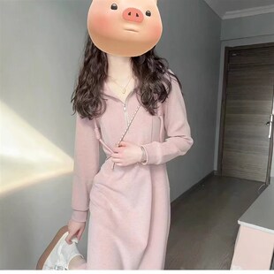 粉色连帽长袖连衣裙子女2025新款早初秋装针织卫衣中长.裙韩系穿