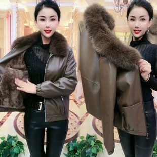 秋冬美式 可拆卸大a毛领加绒加厚皮衣外套女2024新款 复古夹棉pu夹