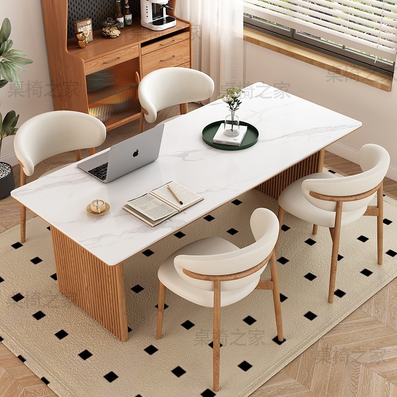 岩板餐桌新款实木黑色全q托奶油风现代简约轻奢家用长方形书桌一