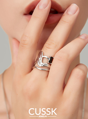 CUSSK镂空开口戒指不规则黑锆石小众设计高级感指环