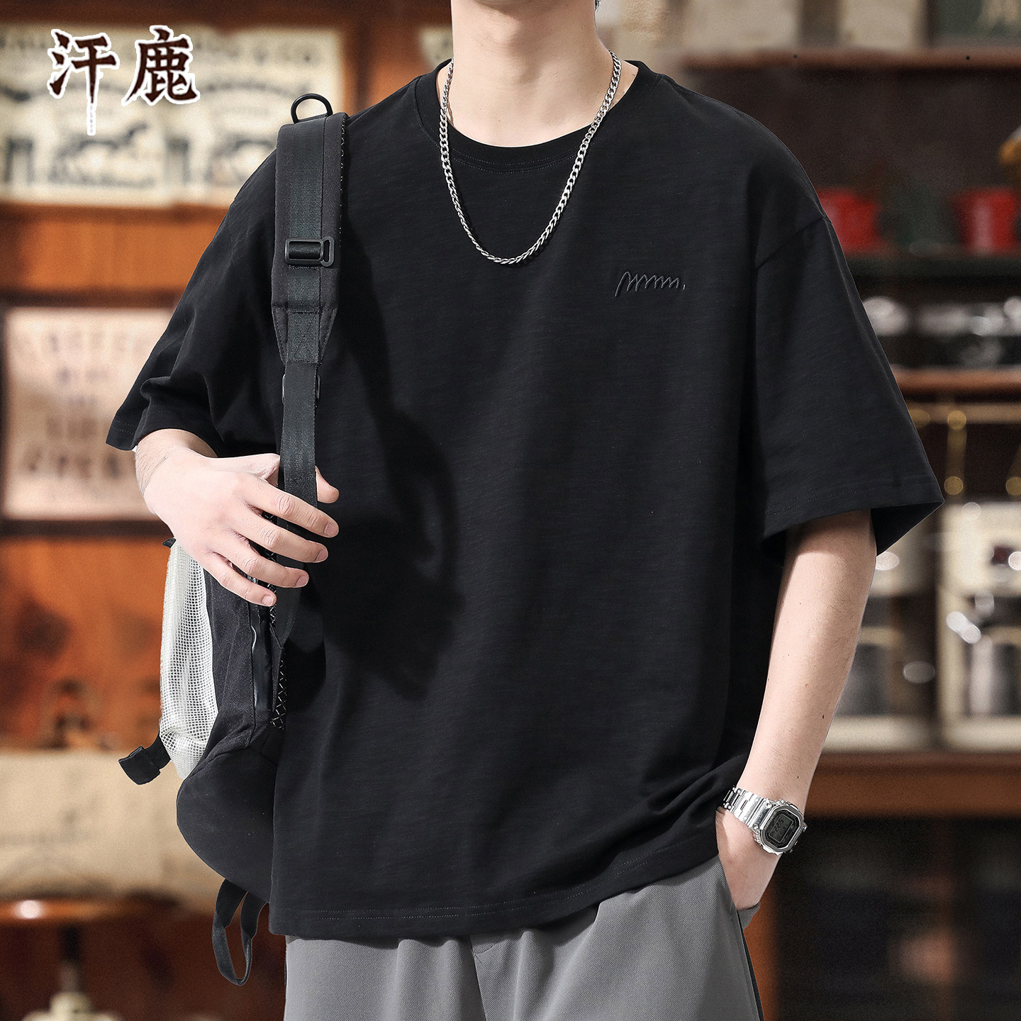 优雅汗鹿竹节纯棉短袖t恤男士2025新款半袖宽松大码夏季简约体恤