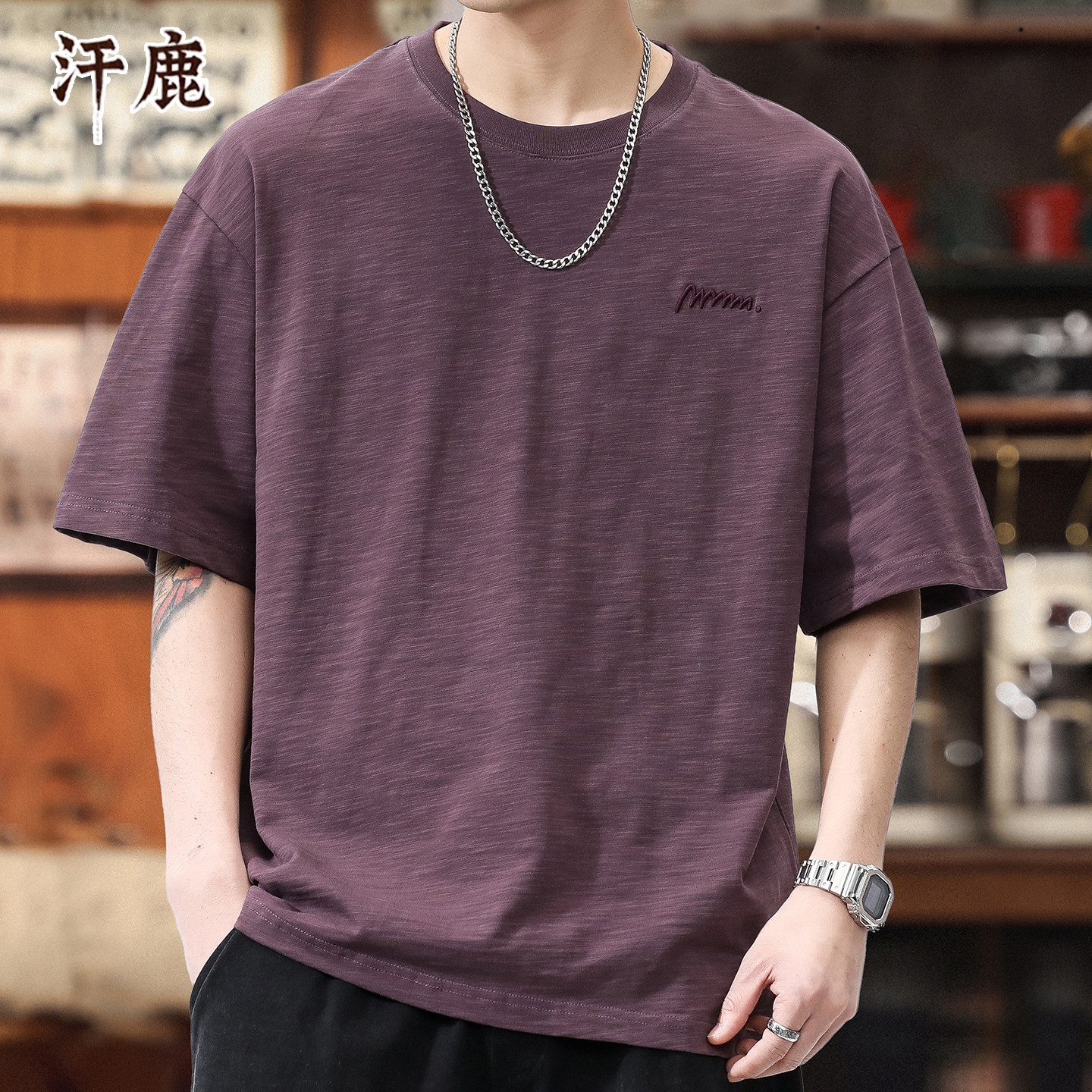 优雅汗鹿竹节纯棉短袖t恤男士夏季衣服2025新款半袖大码潮牌男装