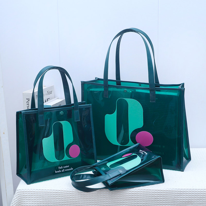 驴淘新款手提袋简约时尚休闲透明包绿色字母PVC手提包学生上班包