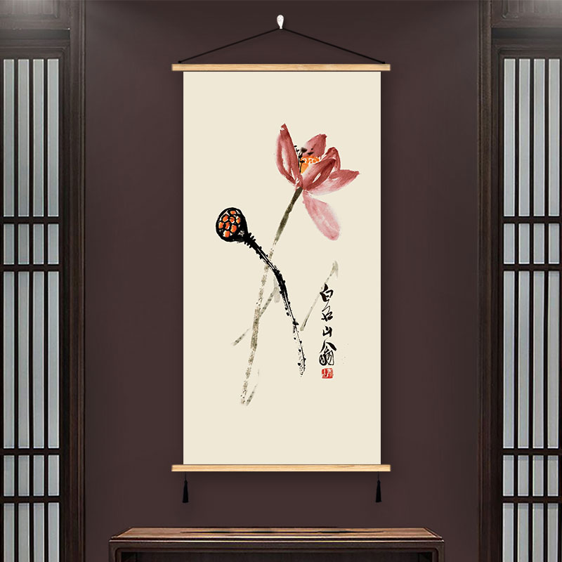 新中式荷花莲花挂画布艺装饰画酒店会所茶室佛P堂客厅玄关墙画壁图片