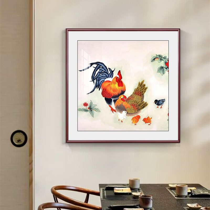 国画大公鸡斗方形字画客厅u装饰画餐厅玄关镇宅画徐悲鸿鸡鸣富贵图片