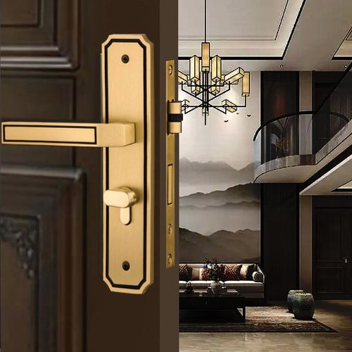 全铜新中式门锁黄铜家用卧室内房门实木复古中式门锁门把手