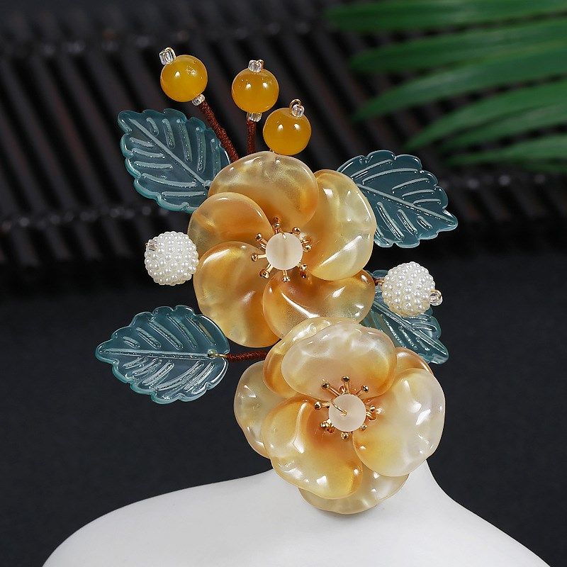 古风汉服头饰清新可爱绿色蓝色橘色琉璃赤丹花日常百搭发夹对夹边