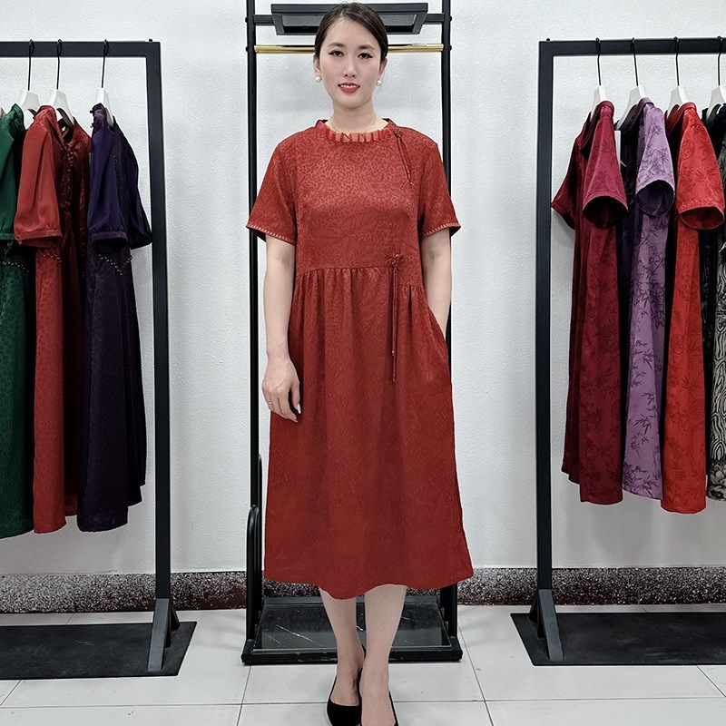 新国风真丝连衣裙女2024夏季新款妈妈高腰显瘦韩版气质中长款裙子