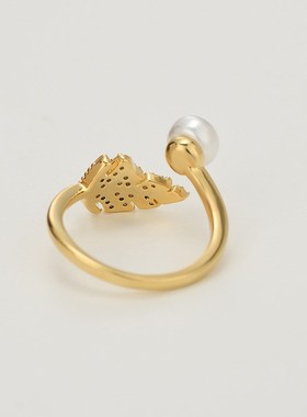 韩国小众设计感开口戒指女2024年新款锆石叶子指环个性珍珠食指戒