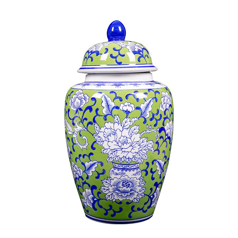青花瓷绿底将军罐高级感陶瓷花瓶玄关客厅摆件酒店装饰工艺品