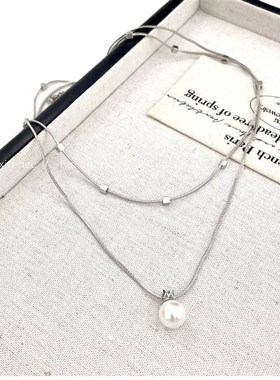 双层珍珠方块项链女轻奢时尚百搭锁骨链小众简约设计高级感毛衣链