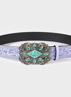 紫色复古腰带 男士花纹镂空民族风腰带pu皮革时尚西裤牛仔裤腰带