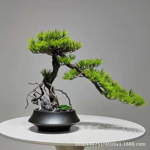 新中式仿真迎客松树盆景罗汉松摆件绿植家居玄关客厅酒店装饰假树