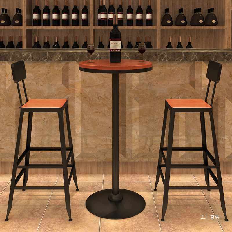 复古吧台椅子靠背圆形高脚桌椅实木高圆桌子酒吧凳咖啡奶茶店桌椅