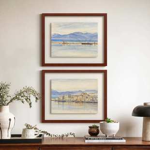 镜海》蓝色水彩风景画南法风复古艺术客厅装饰画法式餐厅玄关挂画