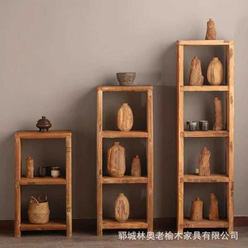 实木老榆木落地置物架茶叶茶壶展示架多宝阁茶室置物架文玩展示架