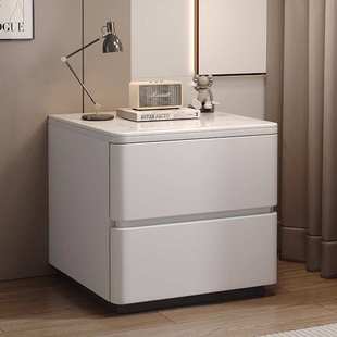 白色岩板床头柜实木家用卧室2025新款高级感轻奢小型简约床边柜子