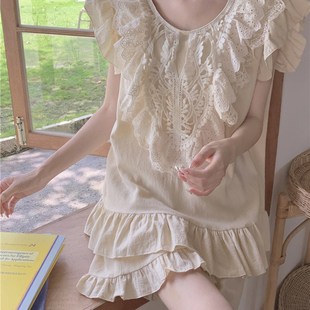 夏季 韩版 甜美蕾丝格子宫廷风y可外穿荷叶边睡裙睡衣女家居服套装
