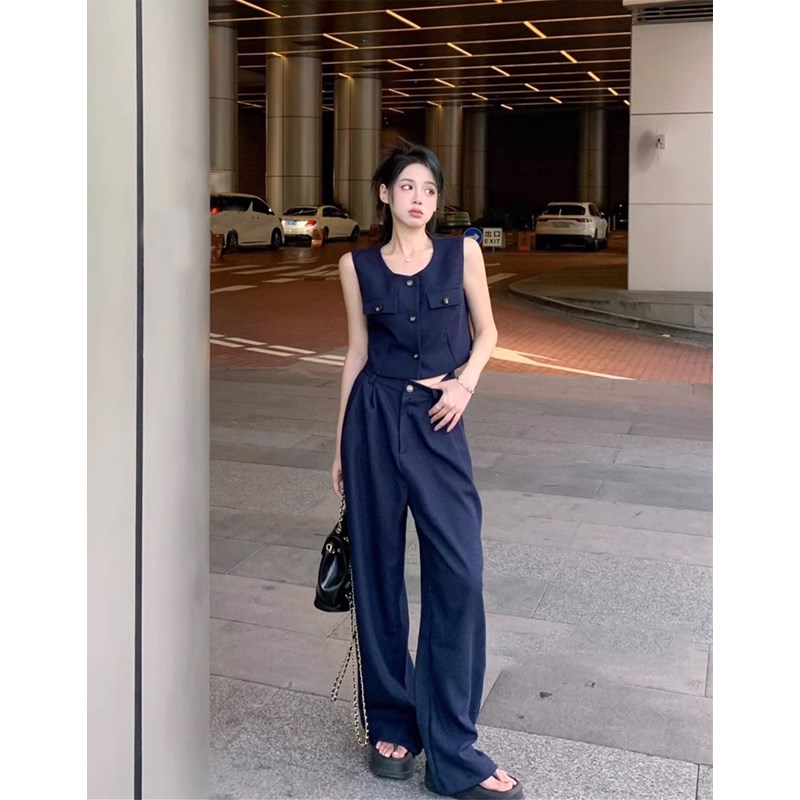时尚气质休闲套装k女外穿马甲背心女夏季宽松垂感阔腿裤长裤两件