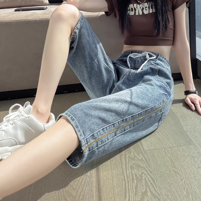 松紧腰牛仔短裤女2024年新款高腰显瘦夏季薄款R裤子女哈伦五分中