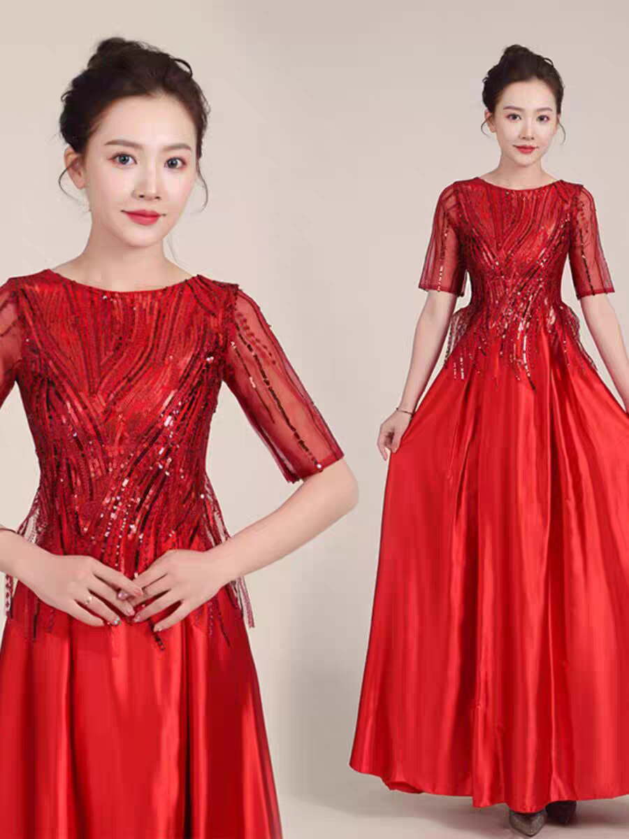 新款大合唱演出服女长裙中老年合唱团女长款修身主持人独唱晚礼服