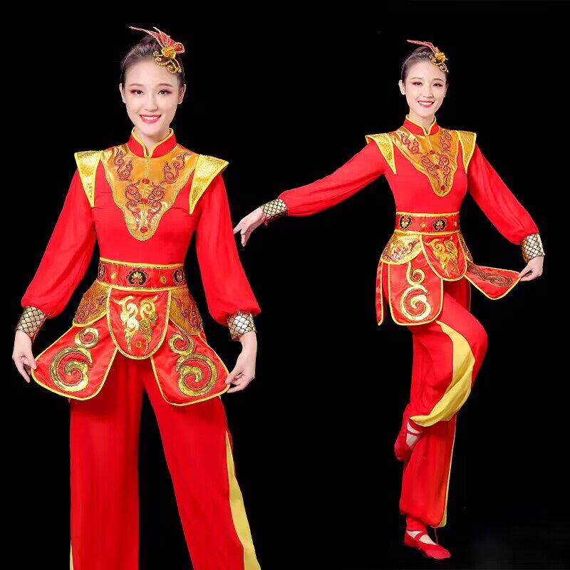 2024新款打鼓服演出服装女红色喜庆中国风锣鼓队广场舞秧歌表演服