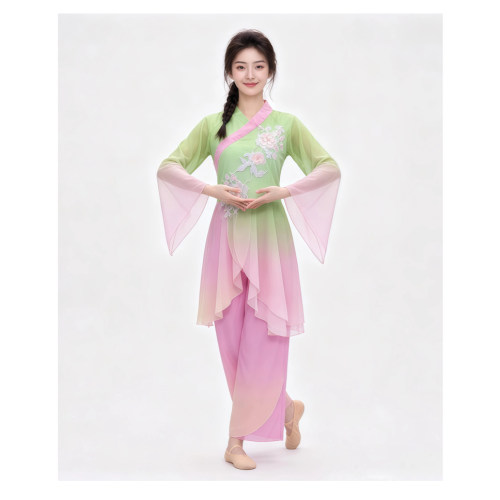 中国风古典舞演出服女飘逸刺绣花卉交领舞蹈表演服装扇子套装