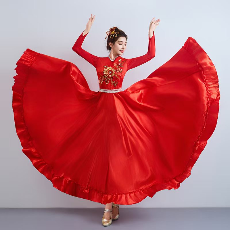 轻嫣眉新款民族表演舞蹈服装开场舞时尚大气长款合唱团演出服女