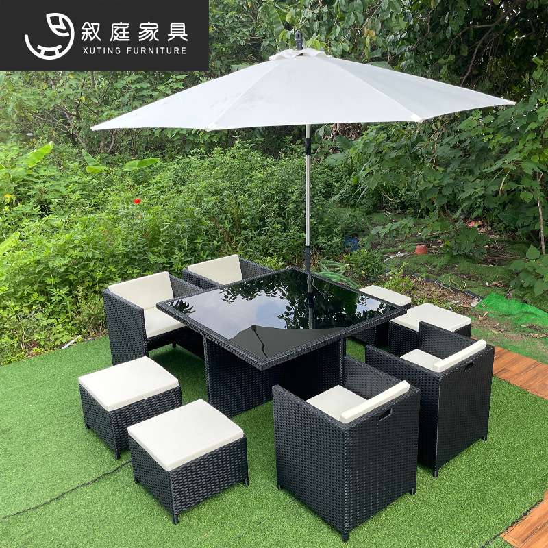 户外藤编家具室外花园庭院收纳桌椅露天防水防晒带遮阳伞茶桌组合