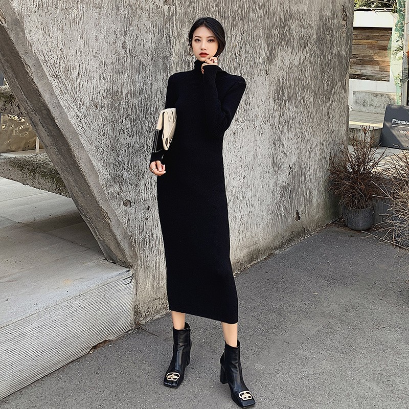 针织连衣裙子e女秋冬超长款高领修身显瘦配大衣毛衣裙过膝打底长