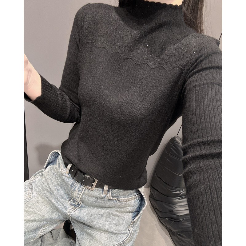 秋冬款半高领针织衫长袖女设计感气质修身内搭毛衣U打底衫烫钻上