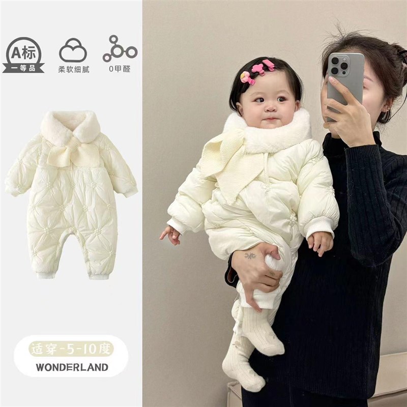 婴儿衣服秋冬季新款加厚保暖女宝宝连体衣冬装超萌棉W服哈衣外出