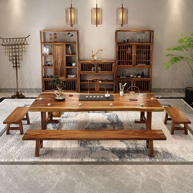 黑胡桃木原木茶桌椅组合实木原木大板不规则边办公室茶水台泡茶桌