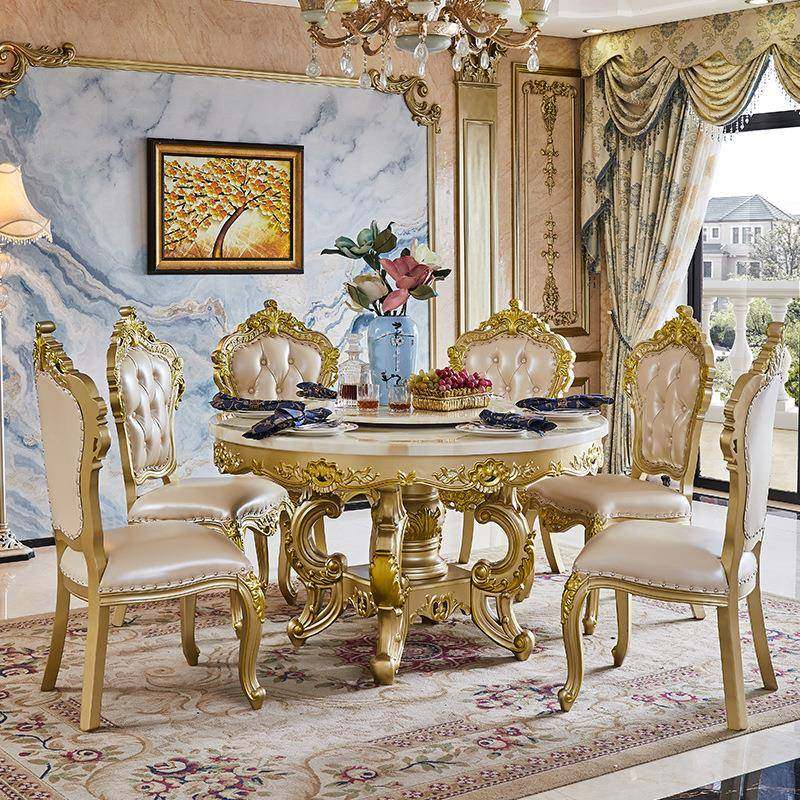 欧式全实木餐桌椅大理石香槟金圆桌+转盘别墅大气雕花可定黑色