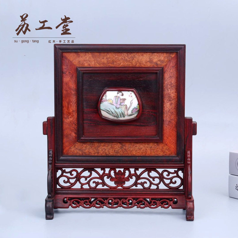 小叶紫檀古瓷片屏风 创意客厅书房木雕摆件中式宫廷风装饰品批发