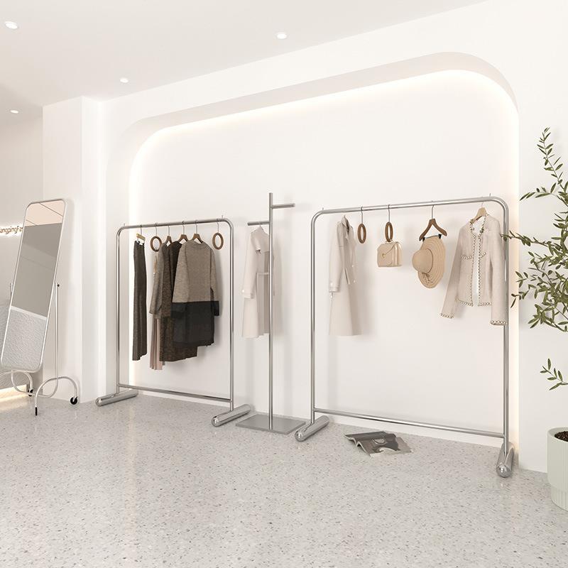 服装店挂衣架不锈钢拉丝银色服饰陈列货架中岛展示架落地架收纳