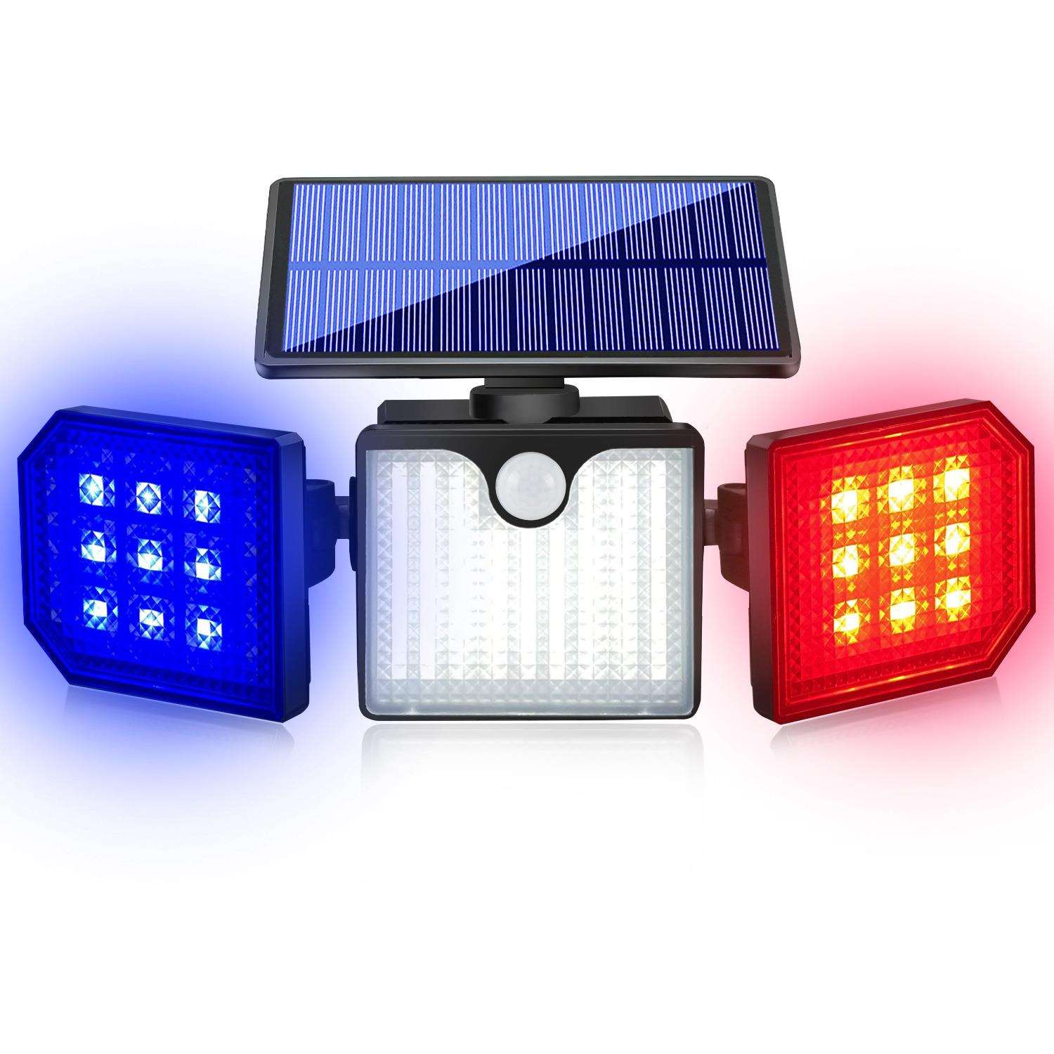 太阳能户外壁灯照明警示灯红蓝闪烁旋转三头壁灯照明将警示灯