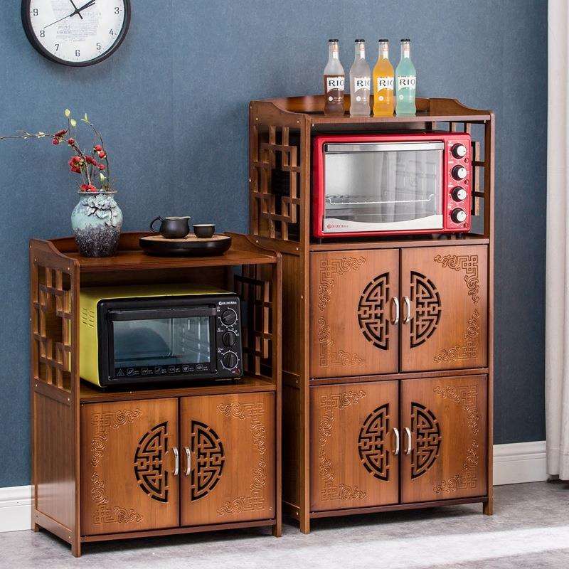 楠竹仿古带门厨房置物架微波炉架落地多层沙发后整理储物柜餐边柜