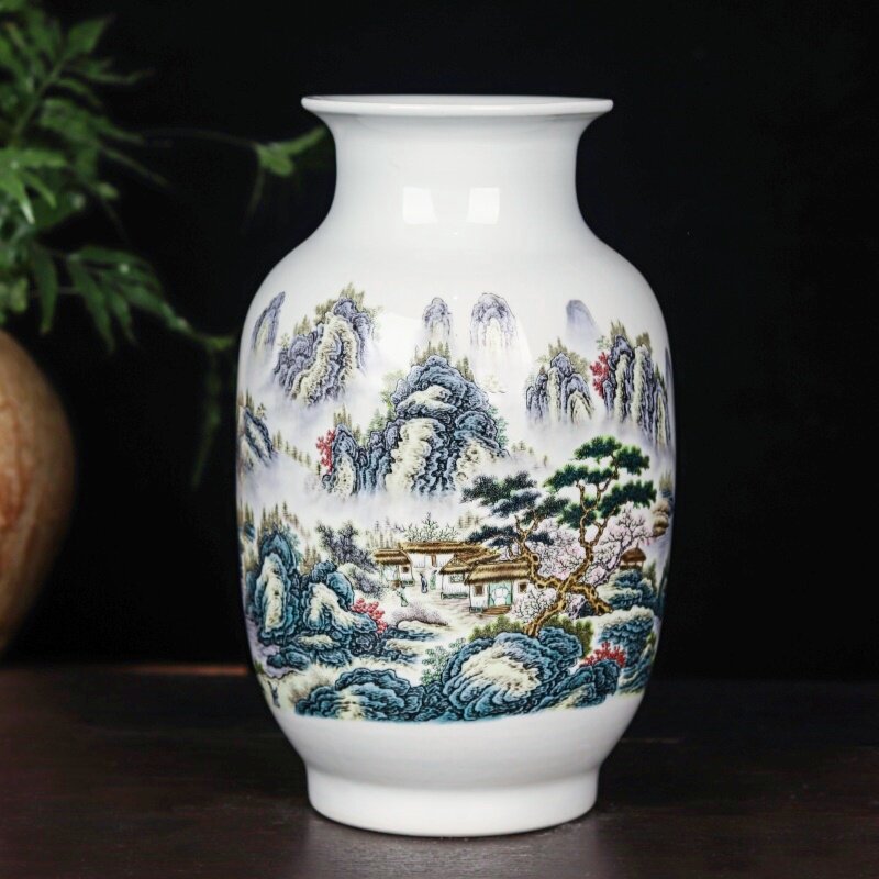 景德镇陶瓷花瓶粉彩山水画 画福筒大口水培富贵竹客厅装饰电视柜