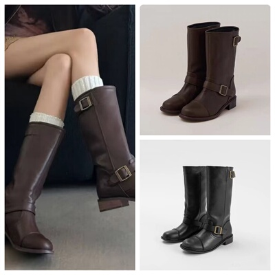 正品HOWUS牛皮fever同款中筒靴低跟平底骑士靴长靴短款女靴皮带扣