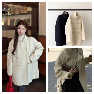 韩国正品ounce学院风双面羊毛呢大衣翻领双排扣中短款风大衣女