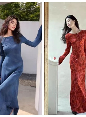 正品美国Realisation连衣裙新款真丝长袖修身性感气质包臀长裙