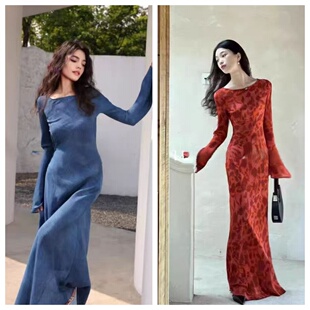 正品美国Realisation连衣裙新款真丝长袖修身性感气质包臀长裙