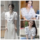 衬衫 Sezane夏法式 复古刺绣花朵上衣pm迪丽热巴V领花边棉质短袖