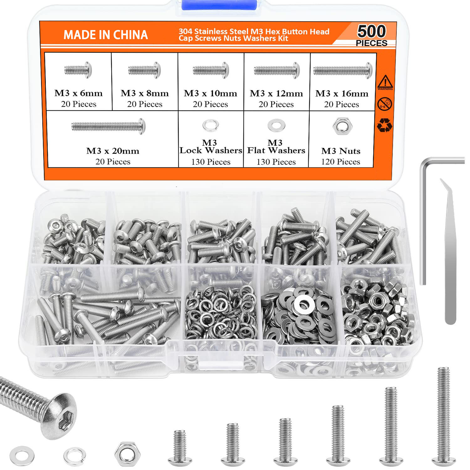 660/500pcs圆柱头内六角螺钉螺母平弹垫组合套装M3内六角螺钉