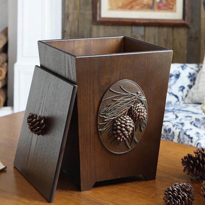 V9N垃圾桶家用客厅创意美式木质带盖垃圾筒办公卧