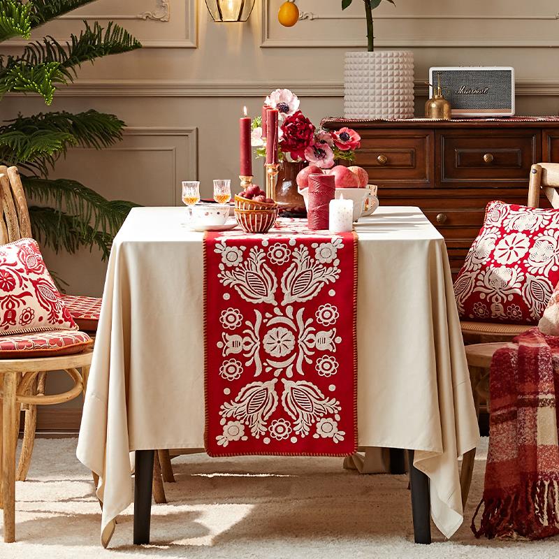 蜡笔派豆蔻桌旗红色新年氛围感桌布结婚婚庆茶几斗柜盖布床旗定制