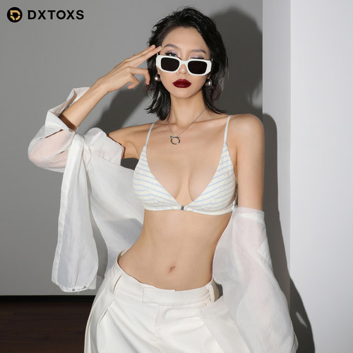 夏薄款条纹前扣三角杯文胸套装女
